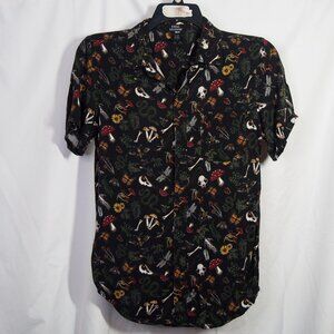 Mens Social Collision Mushroom/Bugs Print Rayon Button Up Shirt Size S